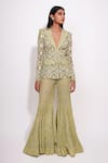 Buy_Ritika Mirchandani_Green Crepe Embroidery Crystal Lapel Solette Flora Web Blazer With Sharara _at_Aza_Fashions