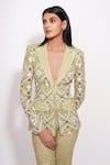 Shop_Ritika Mirchandani_Green Crepe Embroidery Crystal Lapel Solette Flora Web Blazer With Sharara _at_Aza_Fashions