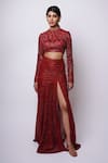 Buy_Ritika Mirchandani_Red Crepe Embroidery Crystal High Joyna Geometric Bloom Blouse With Slit Skirt _at_Aza_Fashions