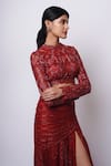 Shop_Ritika Mirchandani_Red Crepe Embroidery Crystal High Joyna Geometric Bloom Blouse With Slit Skirt _at_Aza_Fashions