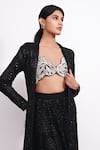 Shop_Ritika Mirchandani_Black Crepe Embroidery Crystal Sweeheart Mythara Mesh Trench Coat And Dhoti Set _at_Aza_Fashions