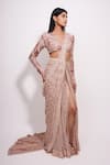 Buy_Ritika Mirchandani_Pink Crepe Embroidery Crystal Nostara Starlix Pre-draped Slit Saree With Blouse _at_Aza_Fashions