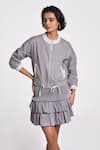 Buy_Terra Luna_Silver 100% Organic Handloom Cotton Solid Octan Tie-up Waist Bomber Jacket _at_Aza_Fashions