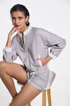 Buy_Terra Luna_Silver 100% Organic Handloom Cotton Solid Octan Tie-up Waist Bomber Jacket _Online_at_Aza_Fashions