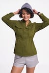 Terra Luna_Green 100% Organic Handloom Cotton Solid Collared Alya Front Pocket Shirt _Online_at_Aza_Fashions