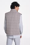 Shop_Terra Luna_Grey 100% Organic Handloom Cotton Checkered Nix Uni Mandarin Collar Jacket _at_Aza_Fashions