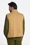 Shop_Terra Luna_Brown 100% Organic Handloom Cotton Checkered Nix Uni Mandarin Collar Jacket _at_Aza_Fashions