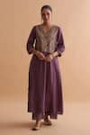 Vaaya_Purple Silk Tissue Chanderi Embroidery Sequin V Neck Yoke Kurta Pant Set _Online_at_Aza_Fashions