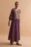 Vaaya_Purple Silk Tissue Chanderi Embroidery Sequin V Neck Yoke Kurta Pant Set _Online