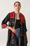 Vaaya_Black Pure Silk Tile Patch Open Mandarin Collar Anokhi Jacket _Online_at_Aza_Fashions