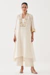 Buy_Vaaya_Off White Handwoven Silk Chanderi Striped Embellished Neckline Kurta With Pant _at_Aza_Fashions