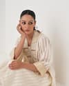 Vaaya_Off White Handwoven Silk Chanderi Striped Embellished Neckline Kurta With Pant _Online_at_Aza_Fashions