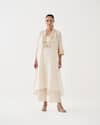 Vaaya_Off White Handwoven Silk Chanderi Striped Embellished Neckline Kurta With Pant _at_Aza_Fashions