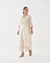 Vaaya_Off White Handwoven Silk Chanderi Striped Embellished Neckline Kurta With Pant _Online