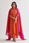 Buy_Vaaya_Orange Handwoven Silk Chanderi Embroidery Bloom Round Neck Kurta Pant Set _at_Aza_Fashions