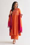 Vaaya_Orange Handwoven Silk Chanderi Embroidery Bloom Round Neck Kurta Pant Set _at_Aza_Fashions