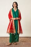 Shop_Vaaya_Green Silk Tissue Chanderi V Neck Solid Kurta Pant Set _Online_at_Aza_Fashions