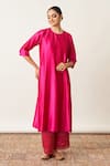 Buy_Vaaya_Pink Silk Tissue Chanderi Solid Round Neck Kurta With Striped Woven Pant _at_Aza_Fashions