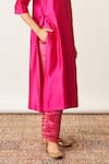 Shop_Vaaya_Pink Silk Tissue Chanderi Solid Round Neck Kurta With Striped Woven Pant _Online_at_Aza_Fashions