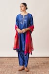 Buy_Vaaya_Blue Pure Silk Chanderi Embroidery Round Neck Yoke Kurta And Salwar Set _at_Aza_Fashions