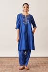 Buy_Vaaya_Blue Pure Silk Chanderi Embroidery Round Neck Yoke Kurta And Salwar Set 