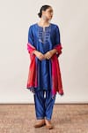 Vaaya_Blue Pure Silk Chanderi Embroidery Round Neck Yoke Kurta And Salwar Set _Online