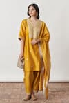 Buy_Vaaya_Yellow Pure Silk Chanderi Embroidery Bloom Buta V Neck Kurta And Salwar Set _at_Aza_Fashions