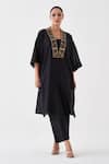 Buy_Vaaya_Black Silk Chanderi V Neck Banarasi Patch Embroidered Neckline Kurta With Pant _at_Aza_Fashions