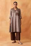 Buy_Vaaya_Brown Pure Silk Tissue Chanderi Patch Stand Collar V Striped Kurta With Pant _at_Aza_Fashions