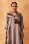 Buy_Vaaya_Brown Pure Silk Tissue Chanderi Patch Stand Collar V Striped Kurta With Pant _Online_at_Aza_Fashions