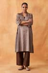 Shop_Vaaya_Brown Pure Silk Tissue Chanderi Patch Stand Collar V Striped Kurta With Pant _Online_at_Aza_Fashions