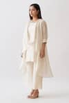 Buy_Vaaya_Off White Pure Silk Chanderi Solid Round Neck Waterfall Jacket And Pant Set _at_Aza_Fashions