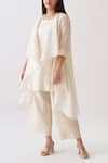 Buy_Vaaya_Off White Pure Silk Chanderi Solid Round Neck Waterfall Jacket And Pant Set _Online_at_Aza_Fashions