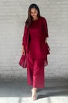 Buy_Vaaya_Burgundy Pure Silk Chanderi Plain Round Cascading Waterfall Jacket And Pant Set _at_Aza_Fashions