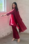 Shop_Vaaya_Burgundy Pure Silk Chanderi Plain Round Cascading Waterfall Jacket And Pant Set _at_Aza_Fashions