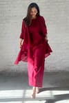 Vaaya_Burgundy Pure Silk Chanderi Plain Round Cascading Waterfall Jacket And Pant Set _Online_at_Aza_Fashions