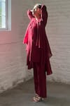 Vaaya_Burgundy Pure Silk Chanderi Plain Round Cascading Waterfall Jacket And Pant Set _at_Aza_Fashions