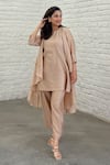 Vaaya_Beige Pure Silk Chanderi Plain Round Solid Cascading Waterfall Jacket And Pant Set _at_Aza_Fashions