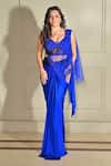 VRIDHI SOMAANI_Blue Lycra Hand Embroidery Stones Plunge Sophie Pre-draped Saree With Blouse _at_Aza_Fashions