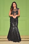 Buy_VRIDHI SOMAANI_Black Net Hand Embroidery Sequins Round Raven Mermaid Skirt With Bodysuit _at_Aza_Fashions