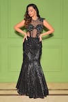 Buy_VRIDHI SOMAANI_Black Net Hand Embroidery Sequins Round Raven Mermaid Skirt With Bodysuit _Online_at_Aza_Fashions