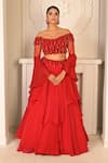 Buy_VRIDHI SOMAANI_Red Flat Chiffon Embroidery Beads Scallop Rosalia Layered Lehenga Set _at_Aza_Fashions