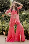 Buy_VRIDHI SOMAANI_Coral Organza Embroidery Pearl Blouse Sweetheart Erine Jacket And Gharara Set _at_Aza_Fashions