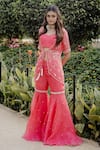 Shop_VRIDHI SOMAANI_Coral Organza Embroidery Pearl Blouse Sweetheart Erine Jacket And Gharara Set _at_Aza_Fashions