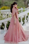 Shop_VRIDHI SOMAANI_Pink Satin Organza Hand Embroidery Sequin Scoop Camelia Gown _at_Aza_Fashions