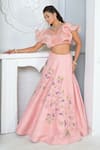 Shop_VRIDHI SOMAANI_Pink Raw Silk Hand Embroidery 3d Floral V Neck Dahlia Lehenga With Blouse _at_Aza_Fashions