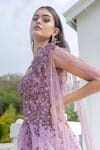 VRIDHI SOMAANI_Purple Satin Organza Applique 3d Floral Asymmetric Iris Embroidered Gown _Online_at_Aza_Fashions