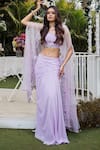 Buy_VRIDHI SOMAANI_Purple Crepe Embroidery Floral Blouse Sweetheart Lilas Draped Skirt And Cape Set _at_Aza_Fashions