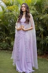 Shop_VRIDHI SOMAANI_Purple Crepe Embroidery Floral Blouse Sweetheart Lilas Draped Skirt And Cape Set _at_Aza_Fashions