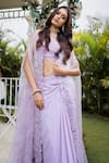 Shop_VRIDHI SOMAANI_Purple Crepe Embroidery Floral Blouse Sweetheart Lilas Draped Skirt And Cape Set _Online_at_Aza_Fashions